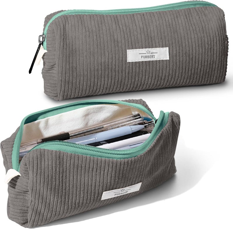 Purbert Pencil Bag Pen Case, Soft Corduroy Small Pencil Pouch Organizer with Zipper, Cute Pencil Case Pouch Stationery for Girls and Boys – Grey - Image 1